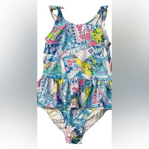 Lilly Pulitzer Girls Swimsuit Postcard Print Multicolor Wish You Were Here Sz3